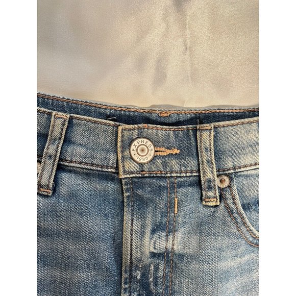 EXPRESS Bedazzled Gemstone Jean Mini Skirt Distressed Raw Hem Medium Light Sz 4 - Picture 2 of 16